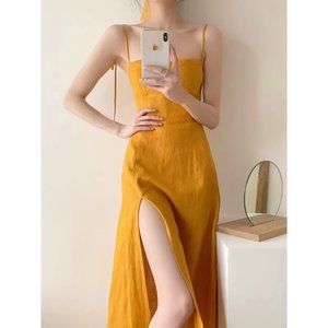 French strap dress temperament retro slim sexy slit long skirt summer
